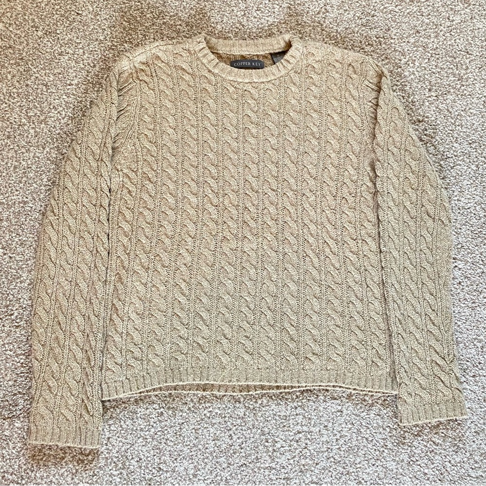 Copper Key Cable Knit Sweater, Medium, Tan Fisherman 
Cotton Lambswool Neutral